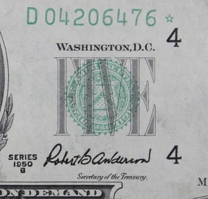 $5 1950B Star Gem CU Federal Reserve Note D04206476* series B, five $, Cleveland - Picture 1 of 3