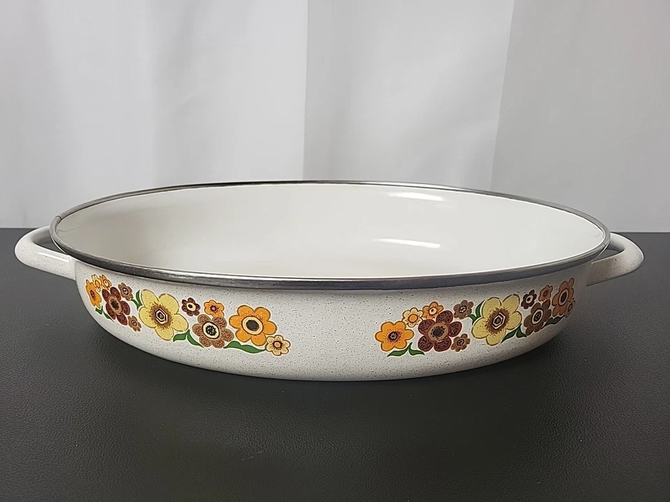 Harvest Blossom Porcelain Enamel Cookware Oval Pot/Pan w/Handles Vintage - Image 1 of 4