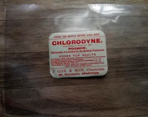 Chlorodyne (morphine) poison medicine chemist label c 1920, J.Cox, Grantham - Picture 1 of 2