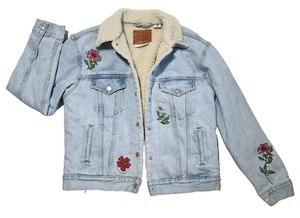 Levi's Levi Denim Jean Jacket Coat Sherpa Lined Women's M Floral Design - Picture 1 of 13