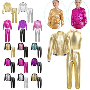 Kids Boys Girls Jazz Hip Hop Modern Shiny Metallic Jacket and Pants Dancewear - Picture 1 of 255