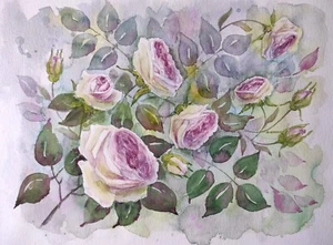 Original Artwork Painting PINK ROSES Garden Flowers Landscape Floral Art Gift A4 - Picture 1 of 13