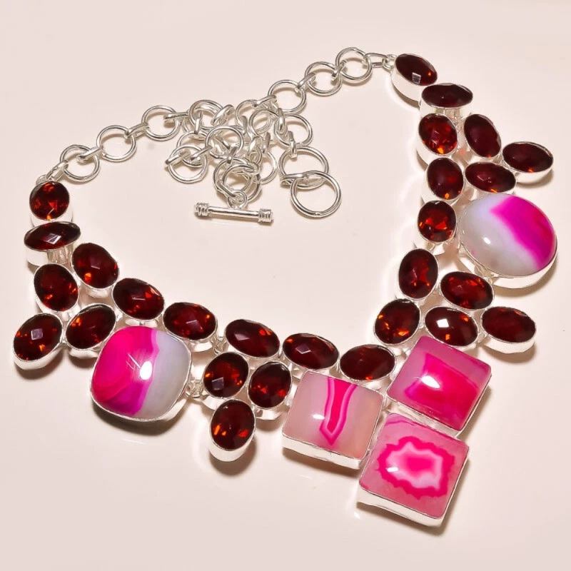 Gargantilla enchapada en plata con piedras preciosas granate ágata rosa Botsuana 18" Foto 1 de 1