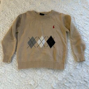 Polo Sport Ralph Lauren Beige Tan Argyle Print Knit Sweater SZ 8 Ribbed Cuff - Picture 1 of 7