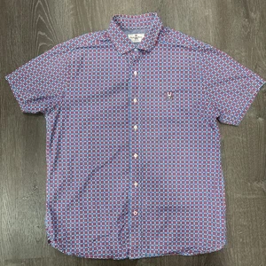 Psycho Bunny Button Up Shirt Short Sleeve Mens Size M Blue and Pink Geometric - Picture 1 of 8