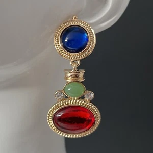 Gripoix Style Cabochon Earrings Pierced Dangle Red Blue Multicolor Gold Ornate - Picture 1 of 5