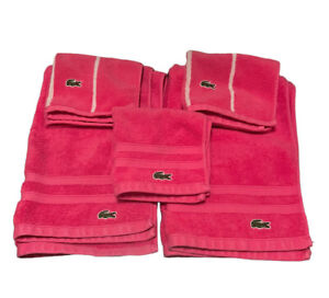 LACOSTE Hot Pink Towel 100% Cotton Alligator Logo Hand & Washcloth Set Of 5
