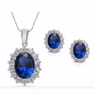 Luxury Vintage Party Water Drop CZ Necklace&Earrings set color blue - Picture 1 of 3
