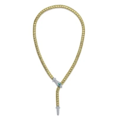 Diamond Snake Necklace 14K Yellow Gold Ribbed Emerald Eyes 1.10 CTW Natural - Image 1 of 2