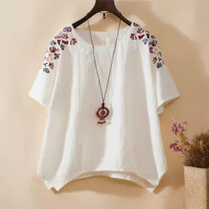 Women Linen Cotton Blouse T Shirt Floral Embroidery Short Sleeve Tops Loose - Picture 1 of 15