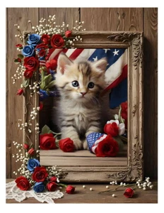 Kitten Art Print Patriotic USA American Flag Farmhouse Wall Home Decor~74WA - Picture 1 of 2