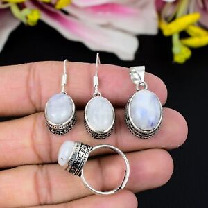 Rainbow Moonstone Gemstone Handmade 925 Sterling Silver Jewelry Set For Gift