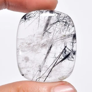 66.50 Cts Natural Black Rutile Quartz Loose Gemstone Radiant Cabochon 33X28X8 mm - Picture 1 of 6