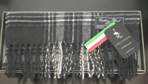 Linea Emmeti Scarf Men 80% Wool 20% Cashmere Plaid Black Gray Italy 12"x71" - Picture 1 of 3
