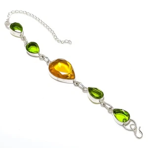 Citrine, Peridot Gemstone Handmade 925 Sterling Silver Bracelet 7-8" - Picture 1 of 5