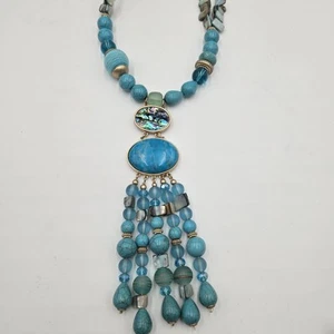Beautiful CHICO'S Blue Abalone Turquoise Color Howlite Long Necklace Tassel 18" - Picture 1 of 5
