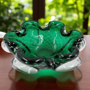 Cuenco de vidrio arte burbuja controlada bullicante verde de Murano borde con volantes 8" Italia - Imagen 1 de 8
