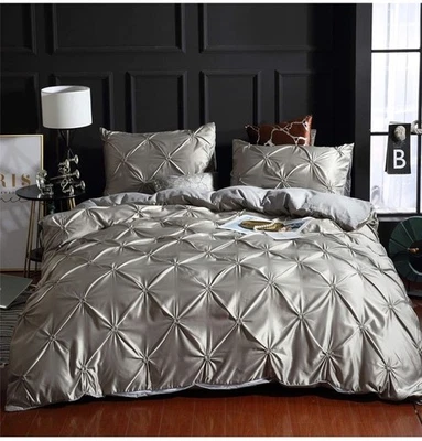 Juego de funda nórdica gris satinado sedoso plisado pellizco de lujo de 3 piezas tamaño king Foto 1 de 4