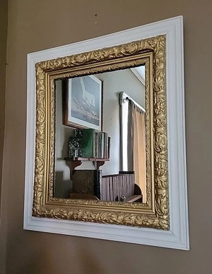 Espejo de pared grande barroco antiguo dorado blanco con marco de madera 30" x 26"  Foto 1 de 4