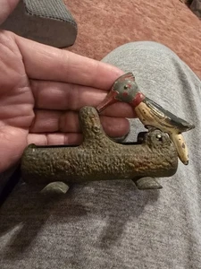 Vintage 1950’s Woodpecker on Log Metal Cast Iron Toothpick Holder Dispenser - Picture 1 of 10