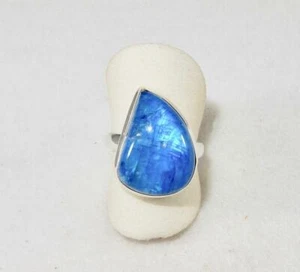 Rainbow Moonstone Dyed Blue Flashy Teardrop Ring 925 Sterling Silver Size 8 - Picture 1 of 3