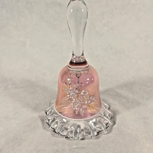 Vtg Cranberry Glass Bell Pink w clear handle & ruffled Edge 6.75" Floral gold - Picture 1 of 7