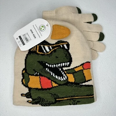 Conjunto de guantes sombrero de dinosaurio de moda para niños Wonder Nation talla única para la mayoría beige nuevo con etiquetas Foto 1 de 4