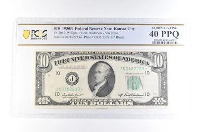 1950 B $10 Kansas City MO FRN Fr#2012-J* Star Extremely Fine 40 PPQ PCGS *6065 - Image 1 of 3