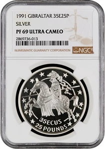 1991 Gibraltar 35 ECU 25 Pounds Silver Proof NGC PF69 Ultra Cameo - Beautiful! - Picture 1 of 2