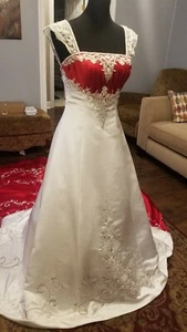 Alfred Angelo Beaded Satin A-Line Wedding Gown Red & White Size 4 - Picture 1 of 10