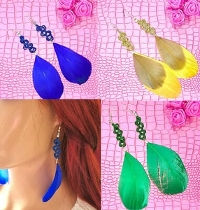 Trendy Natural Feather Colour Earrings Long Dangle Shine Bohemian Boho Style UK - Picture 1 of 14