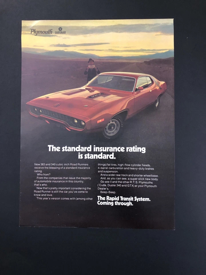 1971 PLYMOUTH ROAD RUNNER ORIGINAL VINTAGE PRINT AD ADVERTISEMENT PRINTED - Image 1 of 1