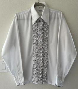 Vintage 70’s L&M Fashions White Tuxedo Ruffle Button Down Shirt Sz M3 Retro - Picture 1 of 7