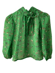 D & G Dolce Gabbana Juniors Girls Green Gold Key Print Blouse Tie Neck Size 8 - Picture 1 of 8