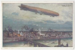 1917 Primera Guerra Mundial Firmado Artista Zeppelin Airship Bombing City - Postal Militar - Imagen 1 de 2