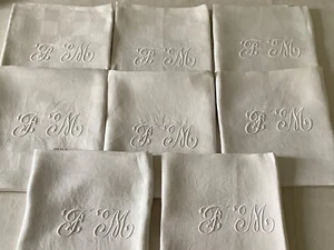 Antique French Damask Linen Napkins Set of 8 Monogram FM - Picture 1 of 10