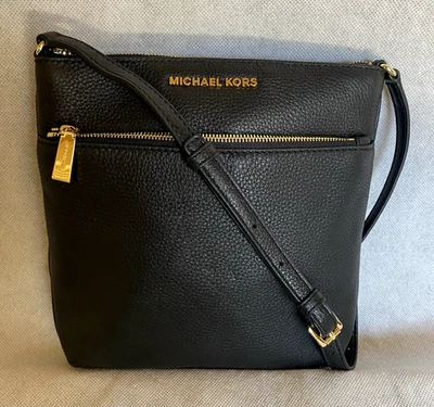 MICHAEL KORS Negro RILEY Cuero Guijarro Bandolera Bolso Mensajero Cartera Foto 1 de 4