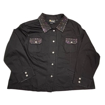 Chaqueta Christine Alexander para mujer talla 3X denim adornada estrás negra Foto 1 de 4