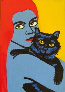 ACEO Original Painting RED & HER CAT Contemporary Folk Outsider Art JEFF ZENICK - Picture 1 of 3
