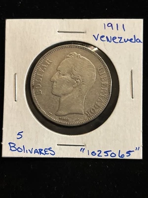 Venezuela 1911 5 bolívares plata circulada “1025065” Foto 1 de 4