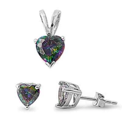 Rainbow Cz Heart Pendant & Earrings Set .925 Sterling Silver - Image 1 of 2