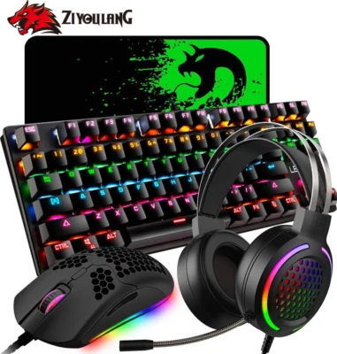 4 in 1 Gaming Combo,Rainbow Mechanical Keyboard 6400 DPI Mouse 3.5mm Headset - Image 1 of 4
