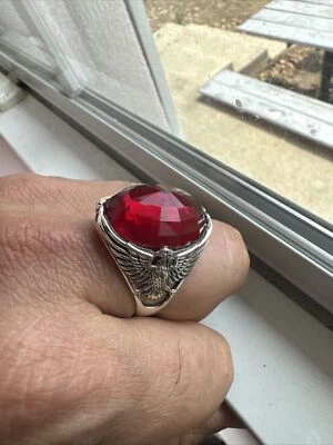 Eagle Ruby Stone Jewelry Turkish Handmade .925 Sterling Silver Men's Ring Sz 15 - Image 1 of 4