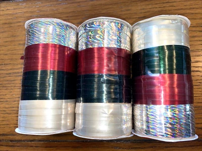 LOT (3) Christmas Curling Ribbon White Green Red 3/16" 35 Feet - U Get All 3 Foto 1 de 2