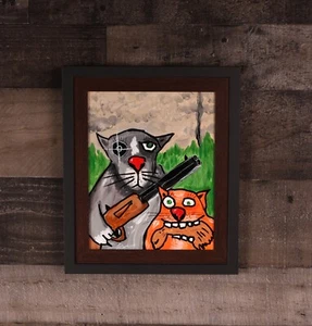 cat and dog funny hunting original acrylic painting 8x10  framed - Picture 1 of 1
