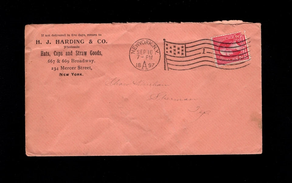 HJ Harding Hats Caps Straw Goods New York 1897 Sta A Flag #1 Cover 6r - Image 1 of 1