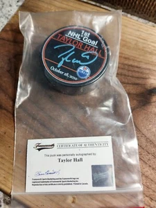 1st Nhl Goal Taylor Hall Signed Puck - Picture 1 of 1