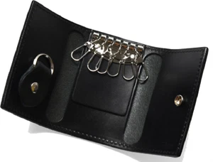 men women card wallet purse key case ring holder cow Leather pouch bag black 743 - Picture 1 of 6