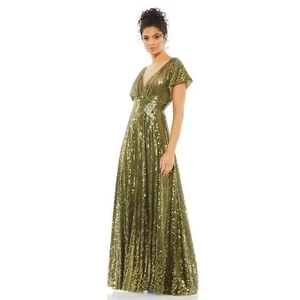 NWT Mac Duggal Sequined Wrap Over A-Line Gown Butterfly Sleeve Olive Size 12 - Picture 1 of 11