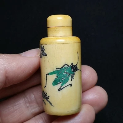2.3 Inch Old Chinese Hand Carved Inlay Cricket Beetle Statue Snuff Bottles Gift - Image 1 of 4